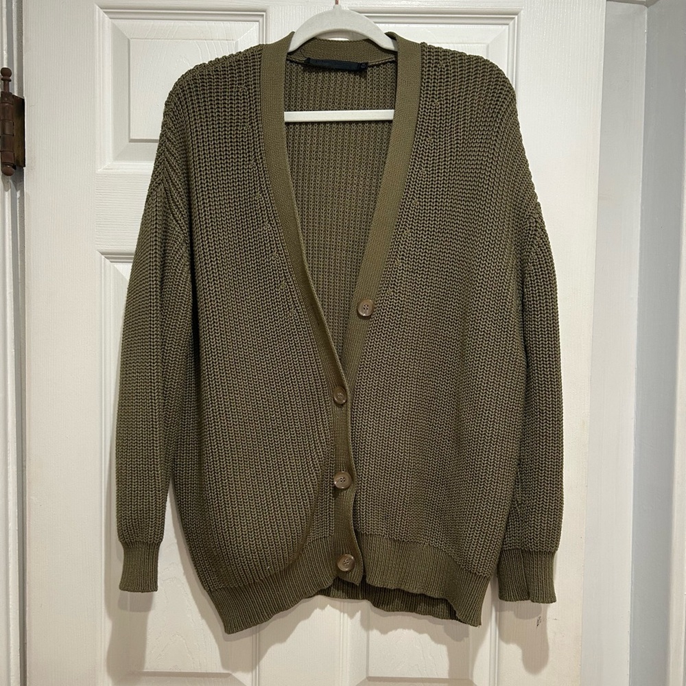 JENNI KAYNE Organic Cotton cocoon cable knit green luxury cardigan XS - Picture 2 of 4